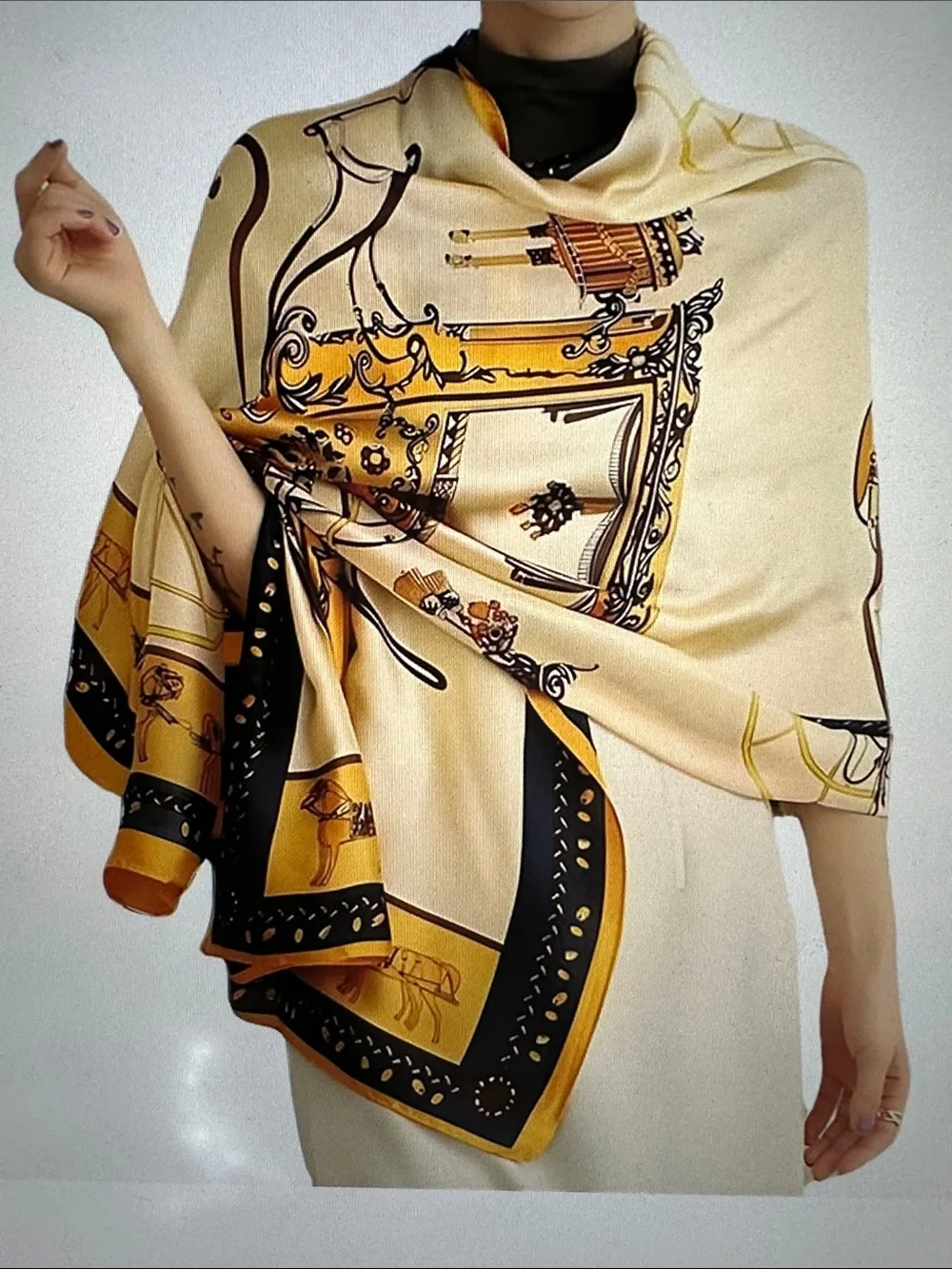 Elegant Cream and Gold Printed Women's Shawl Scarf
